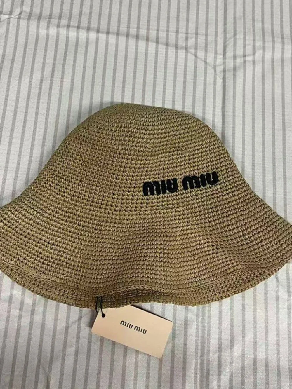 Miu Miu Logo Embroidered Wide Brim Straw Bucket Hat